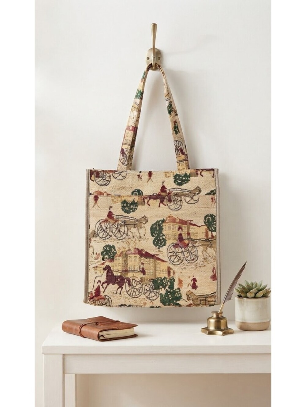 Jade Vintage Tapestry Horse & Carriage Print Tote Bag